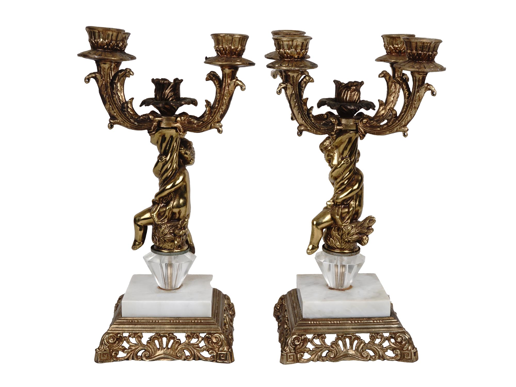 ANTIQUE CORNELL BRASS CANDELABRAS WITH CHERUB ANGELS PIC-1